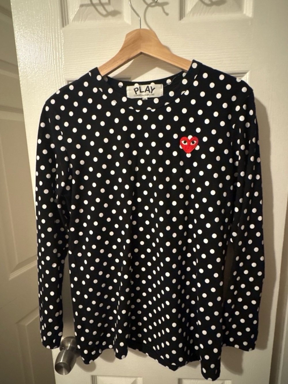 Comme des Garçons Kids Black Polka Dot Long Sleeve Top with Red Heart